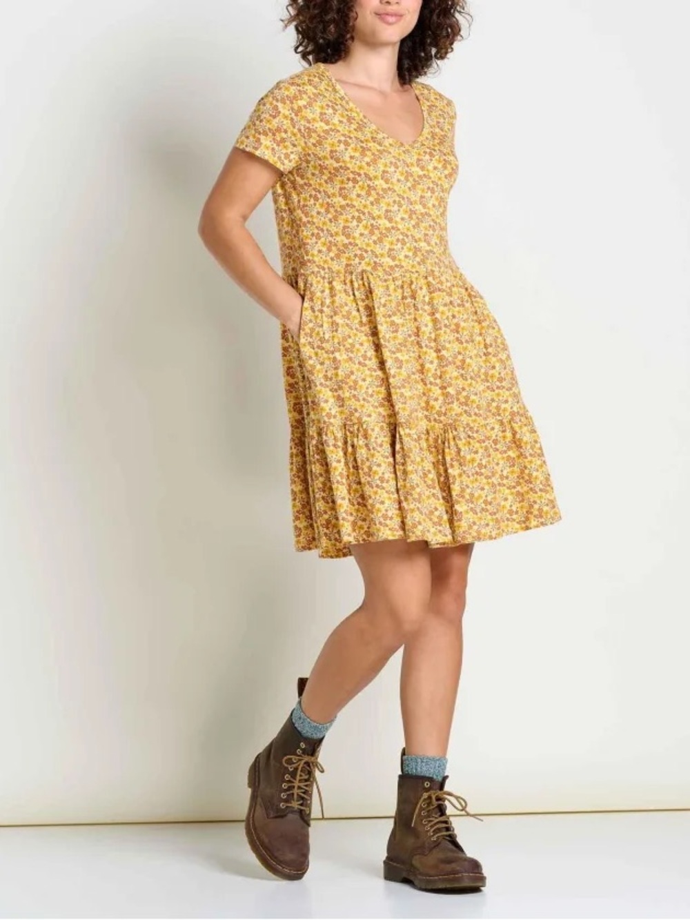 Toad&Co Marley Tiered Short Sleeve Dress Gold Ditsy NWT Small